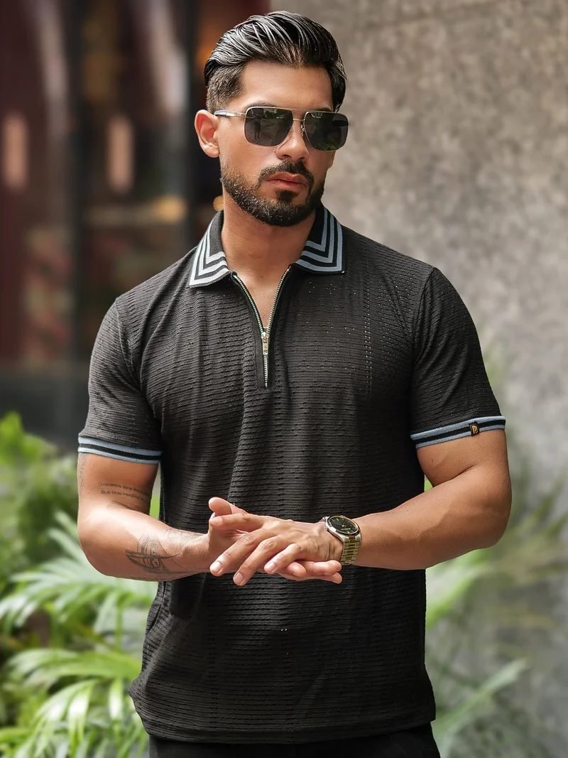 Maniac  Maniac Mens textured half zipper polo neck half sleeve black and light grey cotton polo t-shirt for Men | Best Price UAE